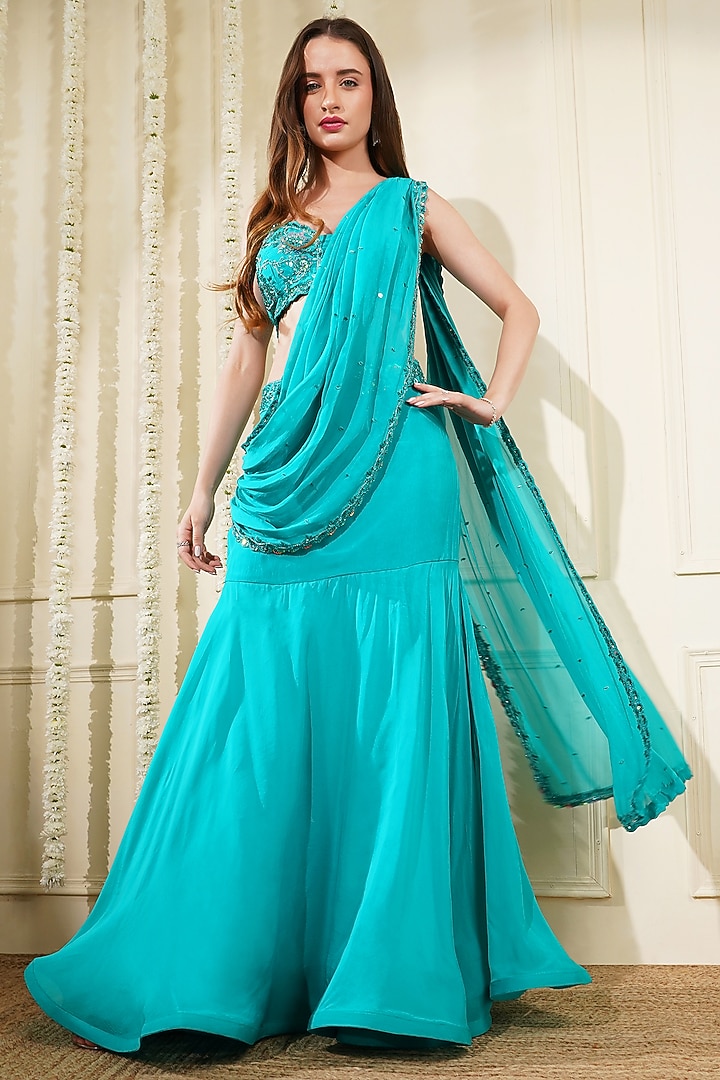 Teal Green Organza Fish Cut Draped Skirt Set by Milu Madan at Pernia's Pop Up Shop