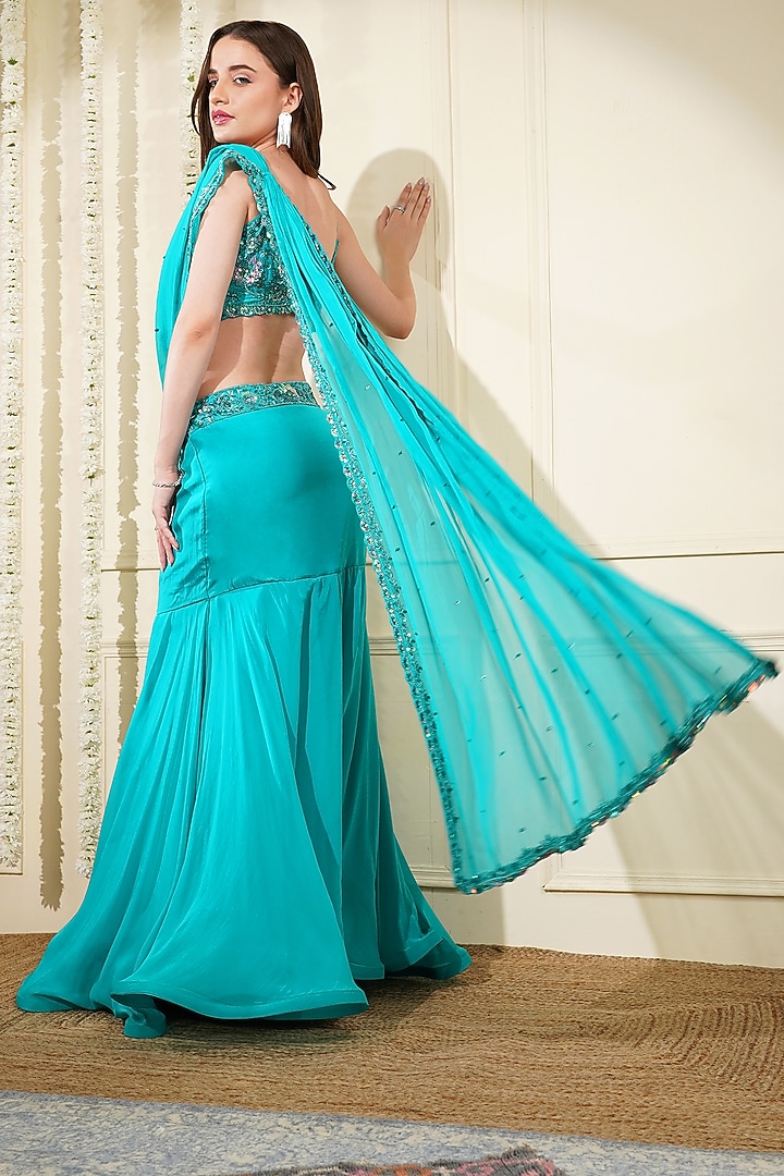 Teal Green Organza Fish Cut Draped Skirt Set by Milu Madan at Pernia's Pop Up Shop