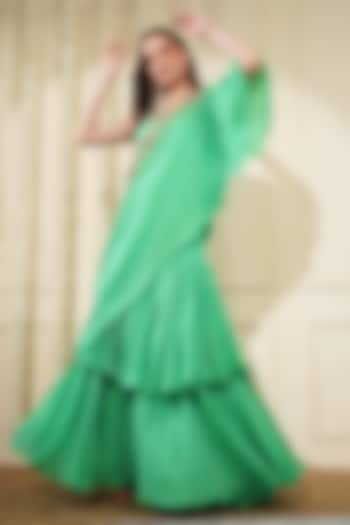 Sea Green Crepe Zari Embroidered Cape Set by Milu Madan at Pernia's Pop Up Shop