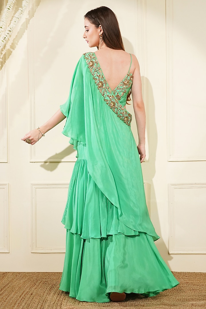 Sea Green Crepe Zari Embroidered Cape Set by Milu Madan at Pernia's Pop Up Shop