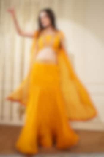 Yellow Mustard Crepe Embroidered Cape Set by Milu Madan at Pernia's Pop Up Shop