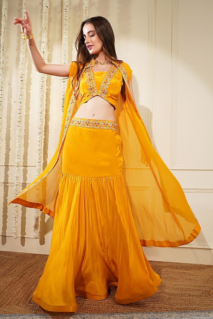Yellow Mustard Crepe Embroidered Cape Set by Milu Madan at Pernia's Pop Up Shop