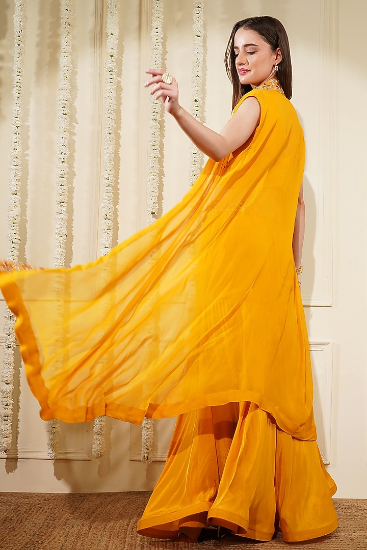 Yellow Mustard Crepe Embroidered Cape Set by Milu Madan at Pernia's Pop Up Shop