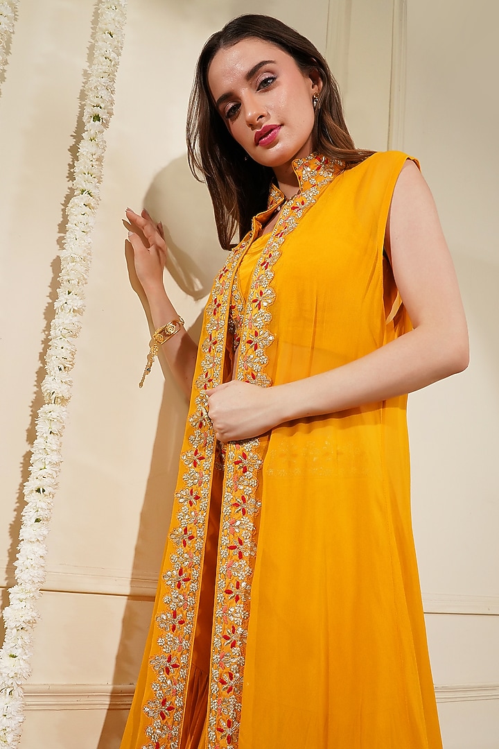 Yellow Mustard Crepe Embroidered Cape Set by Milu Madan at Pernia's Pop Up Shop