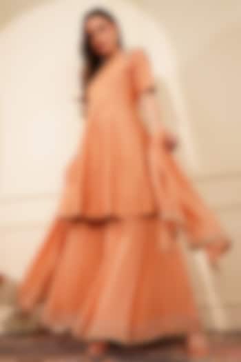 Dark Peach Katan Silk & Georgette Pearl Embroidered Party Wear Sharara Set by Milu Madan at Pernia's Pop Up Shop