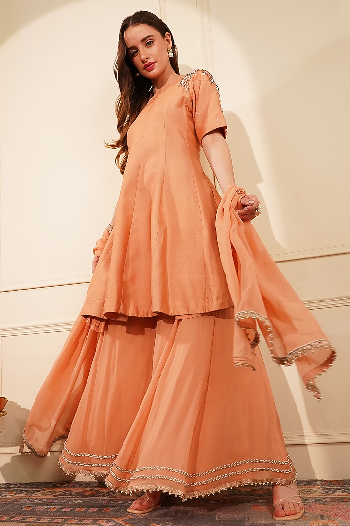 Dark Peach Katan Silk & Georgette Pearl Embroidered Party Wear Sharara Set by Milu Madan at Pernia's Pop Up Shop