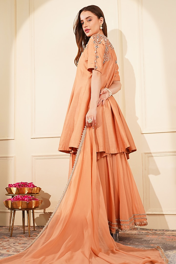Dark Peach Katan Silk & Georgette Pearl Embroidered Party Wear Sharara Set by Milu Madan at Pernia's Pop Up Shop