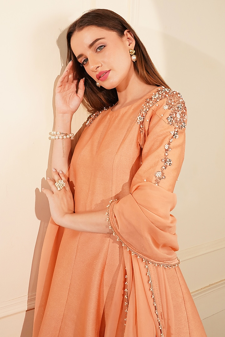 Dark Peach Katan Silk & Georgette Pearl Embroidered Party Wear Sharara Set by Milu Madan at Pernia's Pop Up Shop