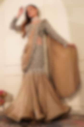 Mouse-Colored Satin Organza Embroidered Fish Skirt Set by Milu Madan at Pernia's Pop Up Shop