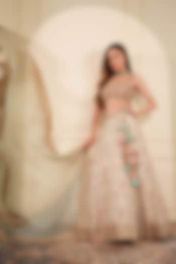 Light Fawn Gicha Silk Printed Wedding Lehenga Set by Milu Madan at Pernia's Pop Up Shop