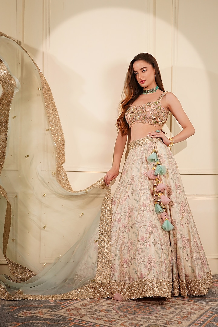 Light Fawn Gicha Silk Printed Wedding Lehenga Set by Milu Madan at Pernia's Pop Up Shop