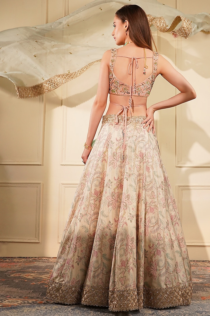 Light Fawn Gicha Silk Printed Wedding Lehenga Set by Milu Madan at Pernia's Pop Up Shop