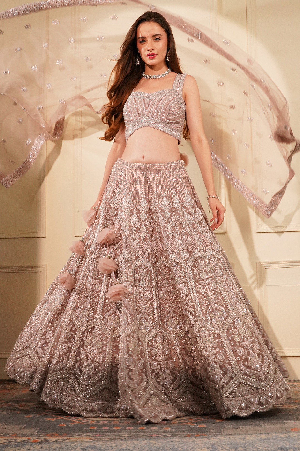 Onion Pink Double Net Embroidered Wedding Lehenga Set by Milu Madan at Pernia's Pop Up Shop