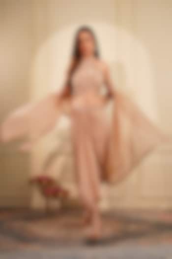 Nude Crepe & Georgette Embroidered Draped Skirt Set by Milu Madan at Pernia's Pop Up Shop