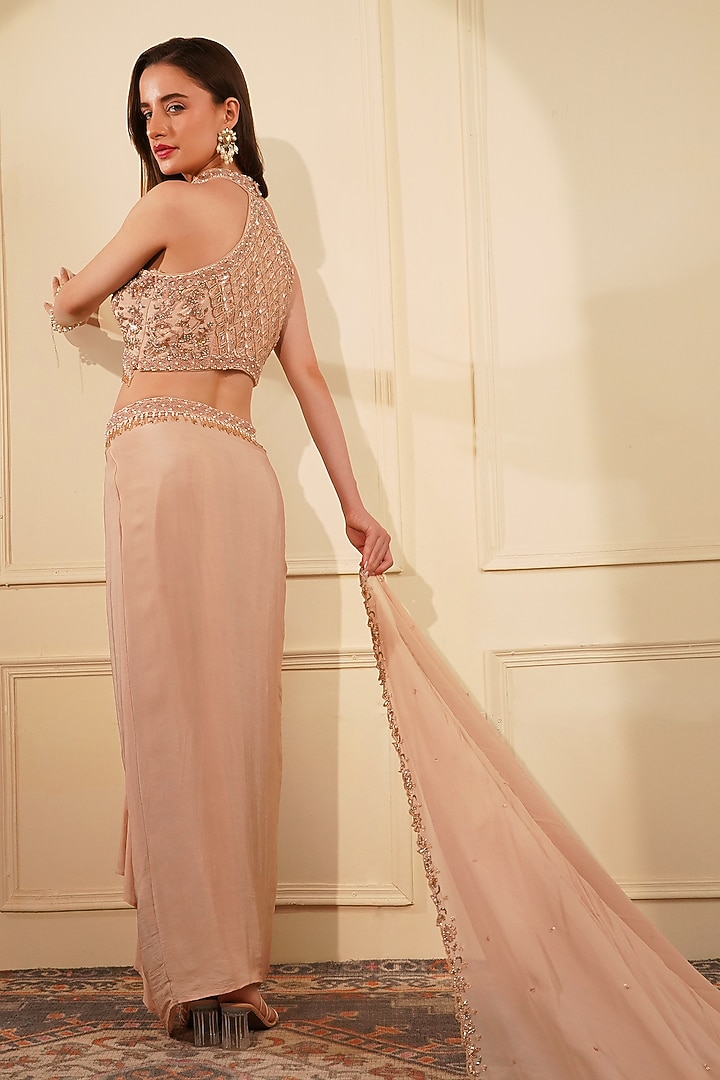 Nude Crepe & Georgette Embroidered Draped Skirt Set by Milu Madan at Pernia's Pop Up Shop