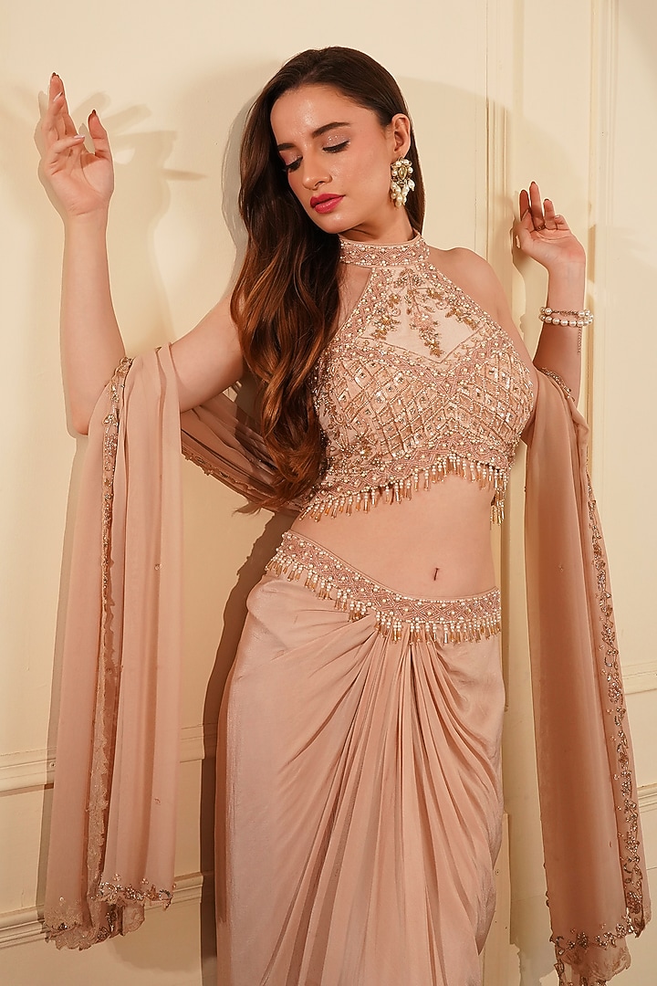 Nude Crepe & Georgette Embroidered Draped Skirt Set by Milu Madan at Pernia's Pop Up Shop