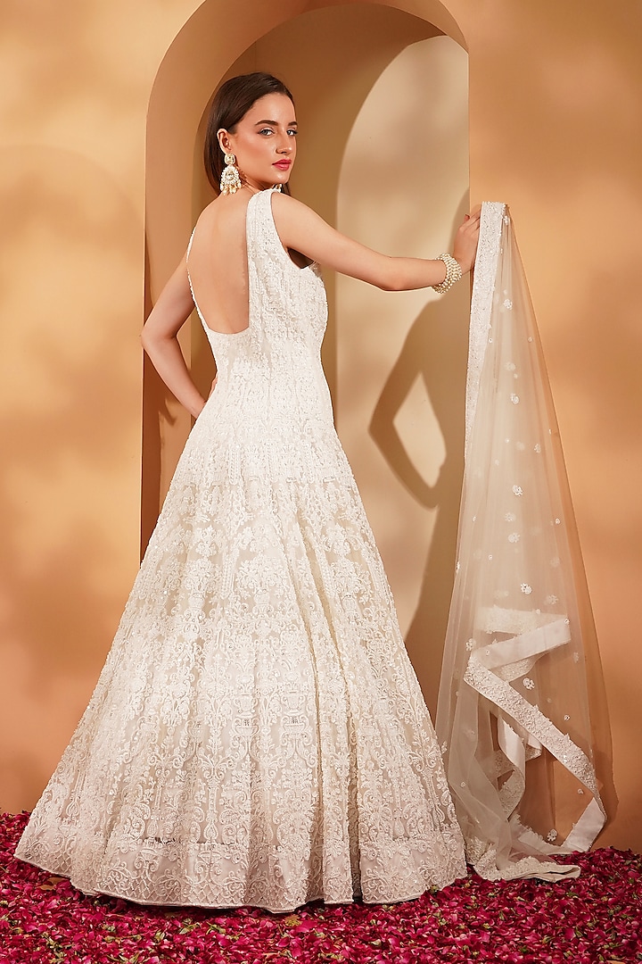 White Double Net Embroidered Wedding Gown With Dupatta by Milu Madan at Pernia's Pop Up Shop