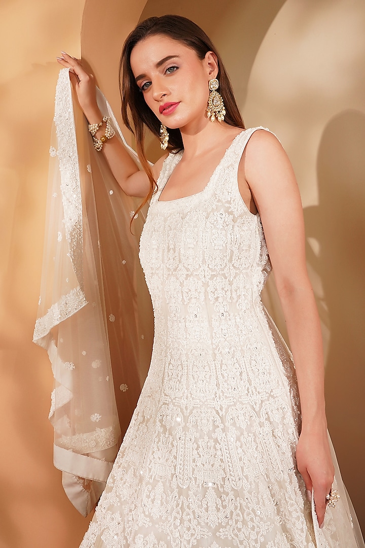 White Double Net Embroidered Wedding Gown With Dupatta by Milu Madan at Pernia's Pop Up Shop