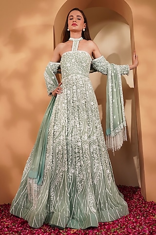 Teal Georgette Embroidered Gown With Dupatta by Milu Madan