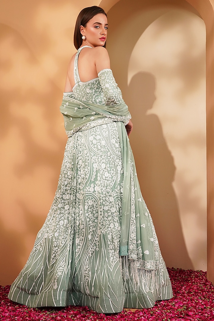Teal Georgette Embroidered Engagement Gown With Dupatta by Milu Madan at Pernia's Pop Up Shop