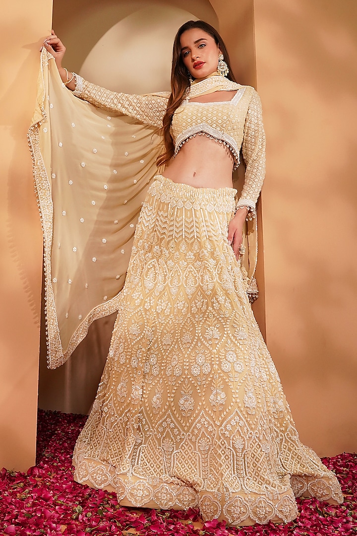 Light Beige Georgette Sequins Embroidered Wedding Lehenga Set by Milu Madan at Pernia's Pop Up Shop
