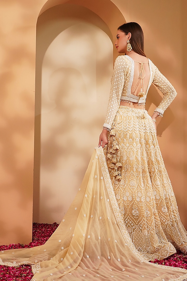 Light Beige Georgette Sequins Embroidered Wedding Lehenga Set by Milu Madan at Pernia's Pop Up Shop