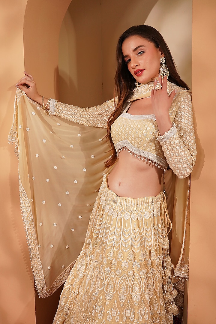 Light Beige Georgette Sequins Embroidered Wedding Lehenga Set by Milu Madan at Pernia's Pop Up Shop