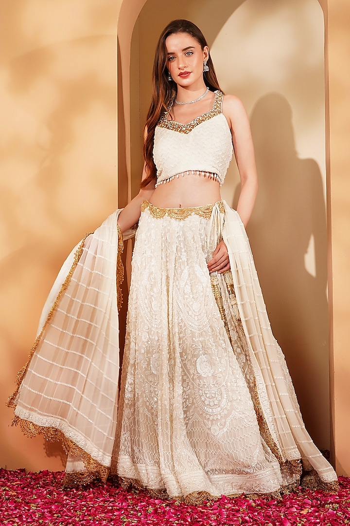 White Georgette Sequins Embroidered Wedding Lehenga Set by Milu Madan at Pernia's Pop Up Shop