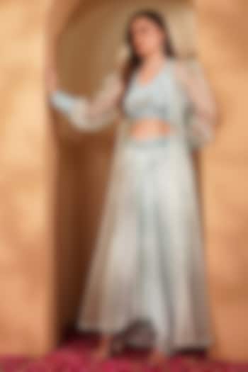 Powder Blue Crepe Embroidered Draped Skirt Set by Milu Madan at Pernia's Pop Up Shop