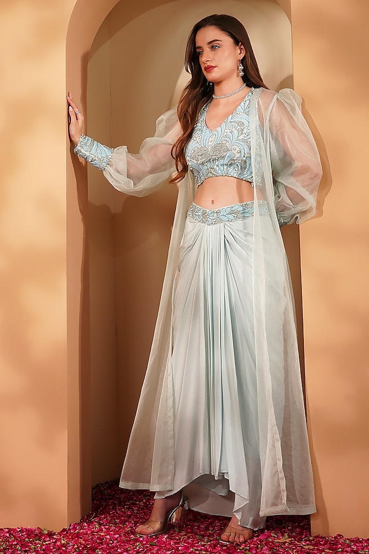 Powder Blue Crepe Embroidered Draped Skirt Set by Milu Madan at Pernia's Pop Up Shop