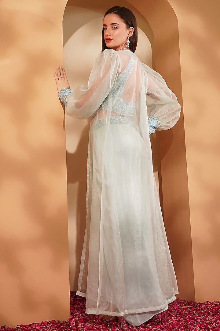 Powder Blue Crepe Embroidered Draped Skirt Set by Milu Madan at Pernia's Pop Up Shop