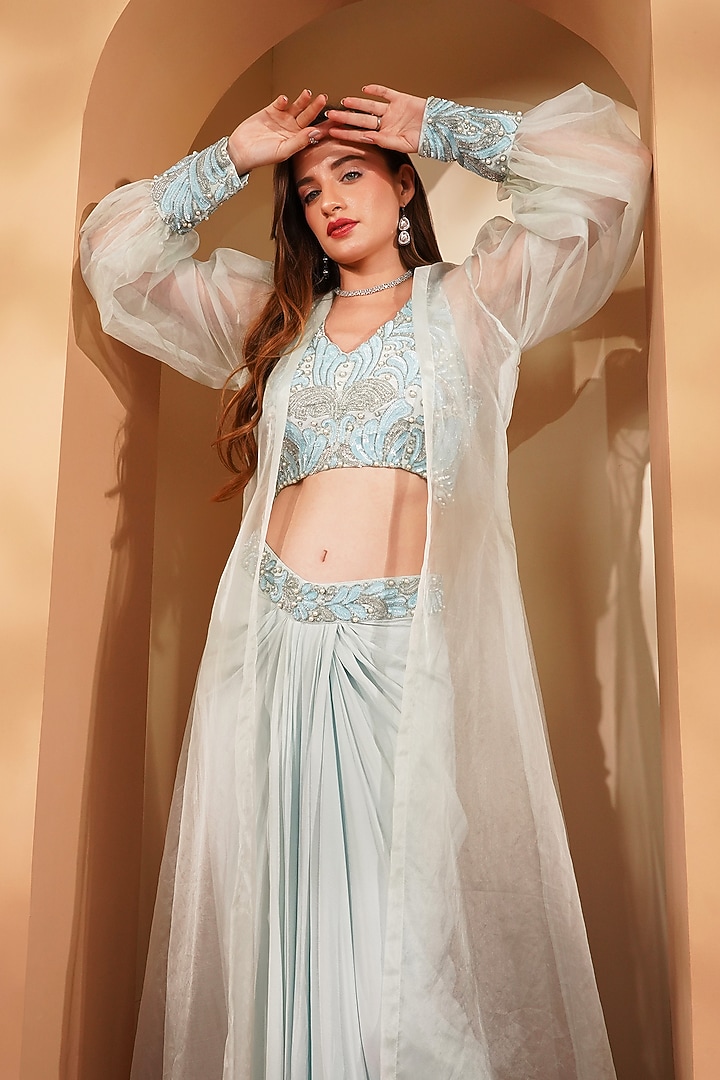 Powder Blue Crepe Embroidered Draped Skirt Set by Milu Madan at Pernia's Pop Up Shop