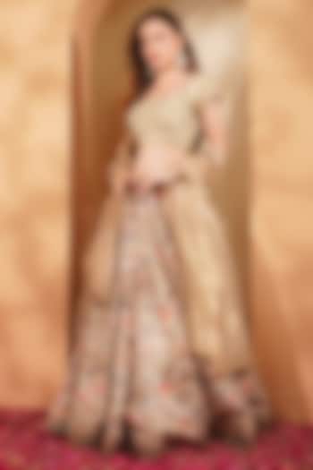 Light Beige Ghicha Silk Printed Wedding Lehenga Set by Milu Madan at Pernia's Pop Up Shop