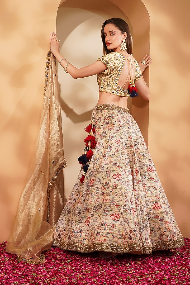 Light Beige Ghicha Silk Printed Wedding Lehenga Set by Milu Madan at Pernia's Pop Up Shop