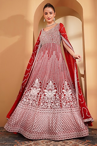 Red Georgette Sequins Embroidered Gown by Milu Madan