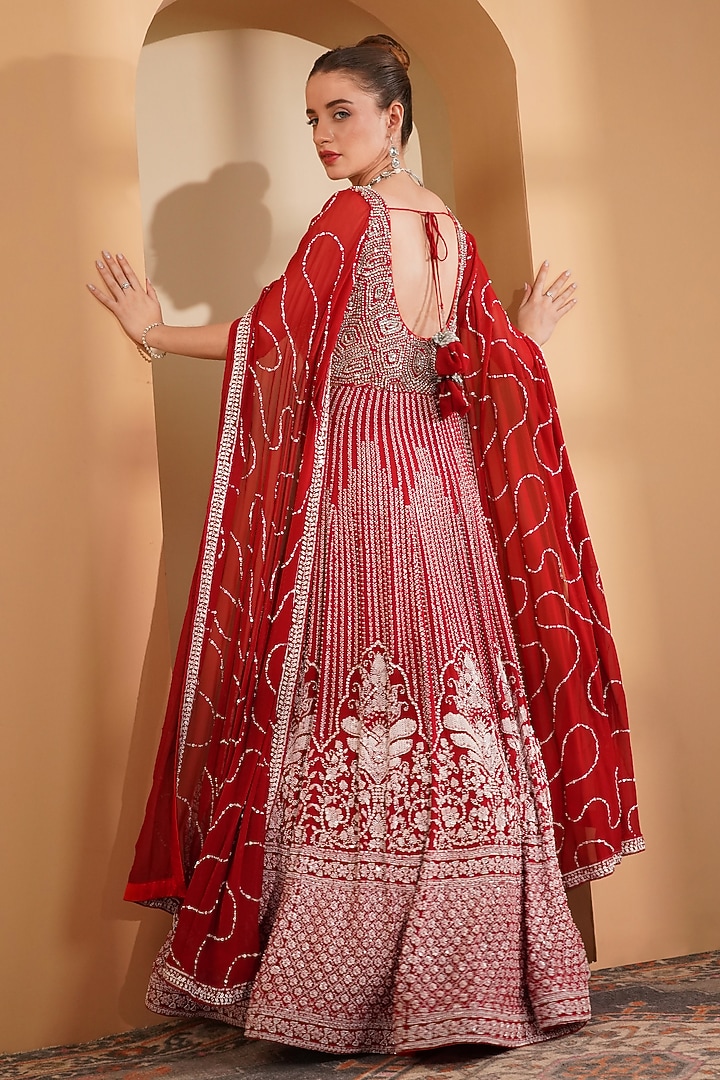 Red Georgette Sequins Embroidered Engagement Gown by Milu Madan at Pernia's Pop Up Shop