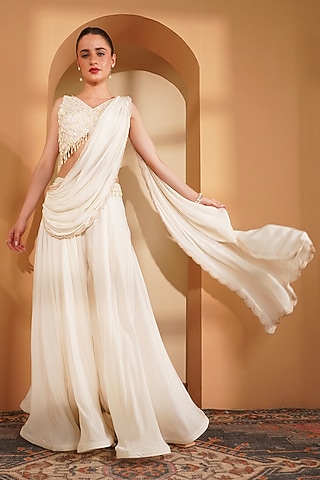 Ivory Crepe Sharara Set by Milu Madan