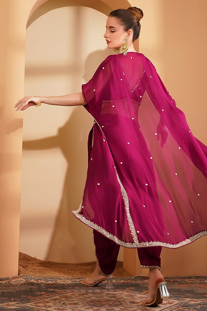 Wine Crepe & Organza Mirror Work Cape Set by Milu Madan at Pernia's Pop Up Shop