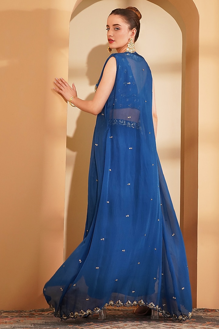 Deep Blue Organza Embroidered Cape Set by Milu Madan at Pernia's Pop Up Shop