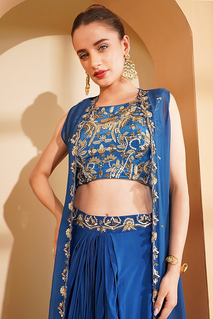 Deep Blue Organza Embroidered Cape Set by Milu Madan at Pernia's Pop Up Shop