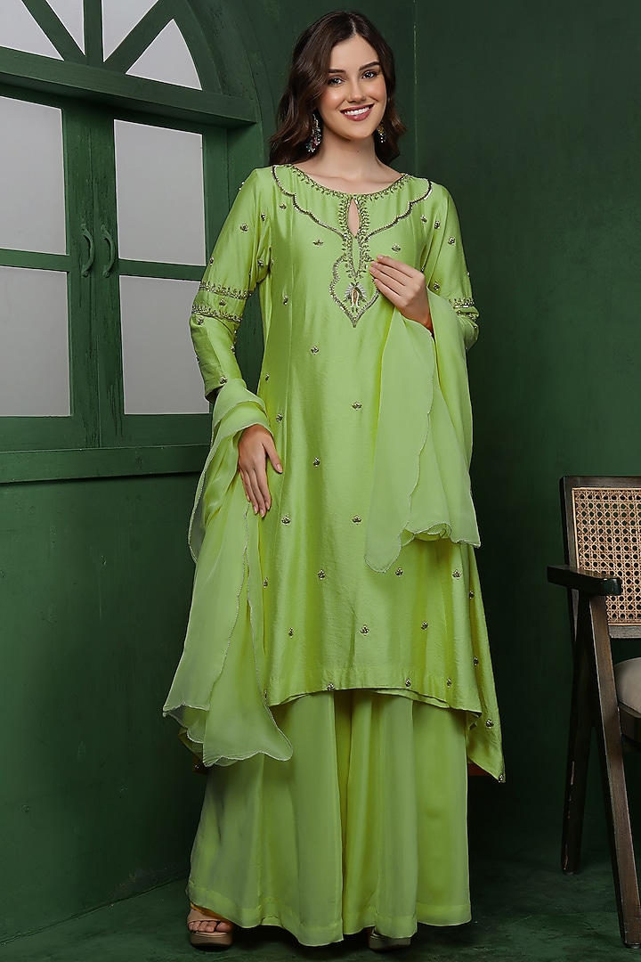 Light Green Katan Silk Cutdana Hand Embroidered Kurta Set by Milu Madan at Pernia's Pop Up Shop