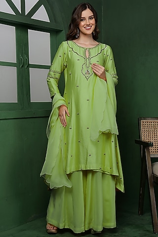 Light Green Katan Silk Cutdana Hand Embroidered Kurta Set by Milu Madan