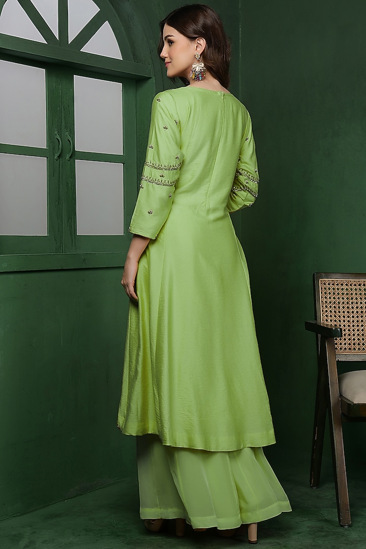 Light Green Katan Silk Cutdana Hand Embroidered Kurta Set by Milu Madan at Pernia's Pop Up Shop