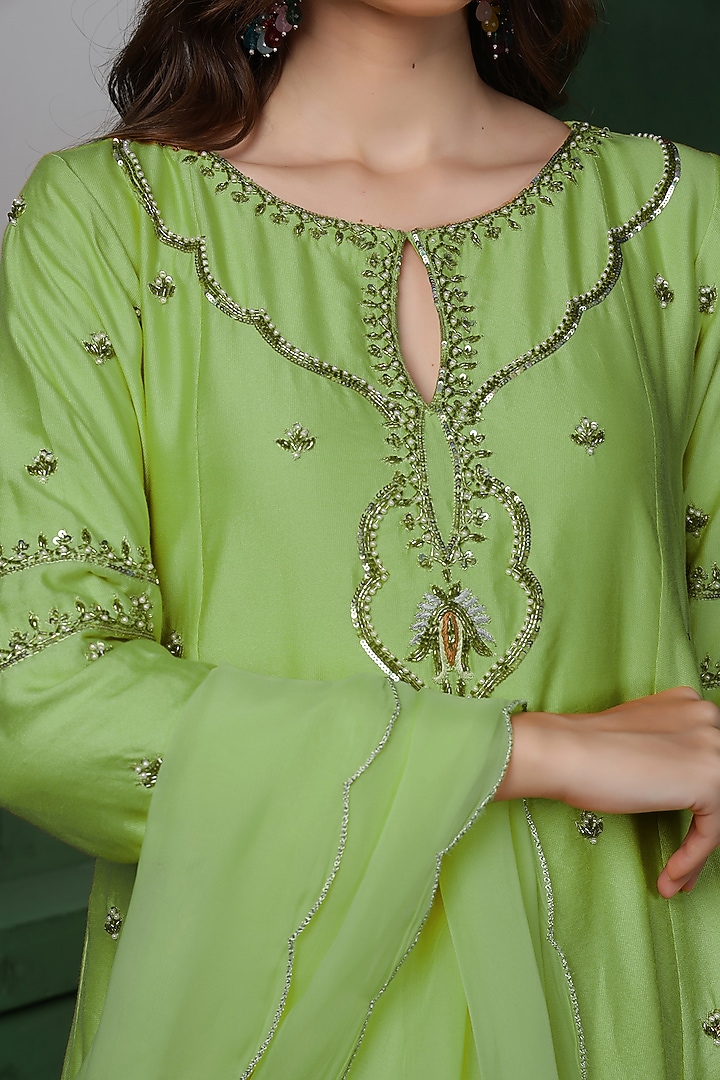 Light Green Katan Silk Cutdana Hand Embroidered Kurta Set by Milu Madan at Pernia's Pop Up Shop