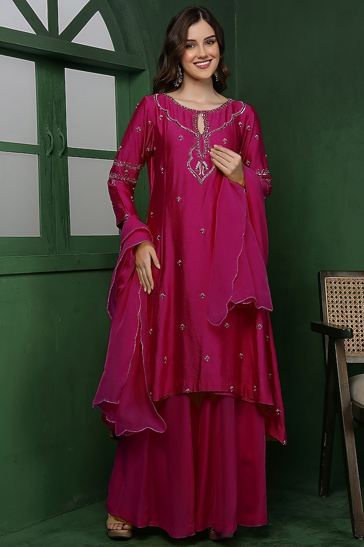 Wine Katan Silk Cutdana Hand Embroidered Kurta Set by Milu Madan at Pernia's Pop Up Shop