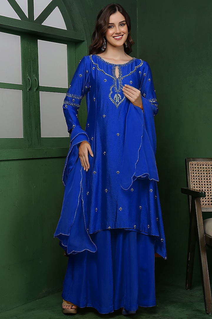 Royal Blue Katan Silk Cutdana Hand Embroidered Kurta Set by Milu Madan at Pernia's Pop Up Shop