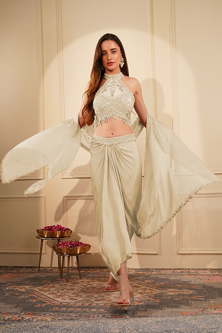 Dull Ivory Crepe Draped Skirt Set by Milu Madan at Pernia's Pop Up Shop