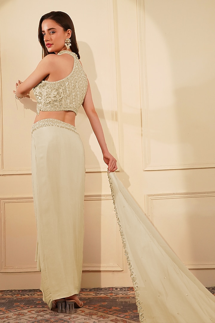 Dull Ivory Crepe Draped Skirt Set by Milu Madan at Pernia's Pop Up Shop