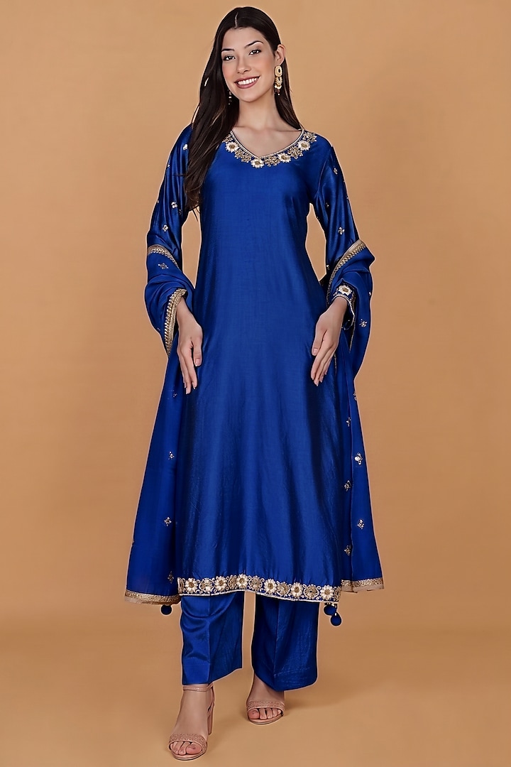 Royal Blue Katan Silk Cutdana Embroidered Kurta Set by Milu Madan at Pernia's Pop Up Shop