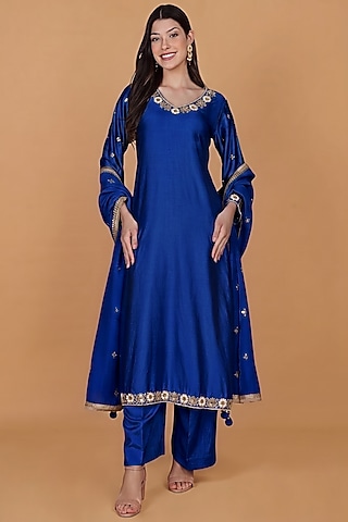 Royal Blue Katan Silk Cutdana Embroidered Kurta Set by Milu Madan